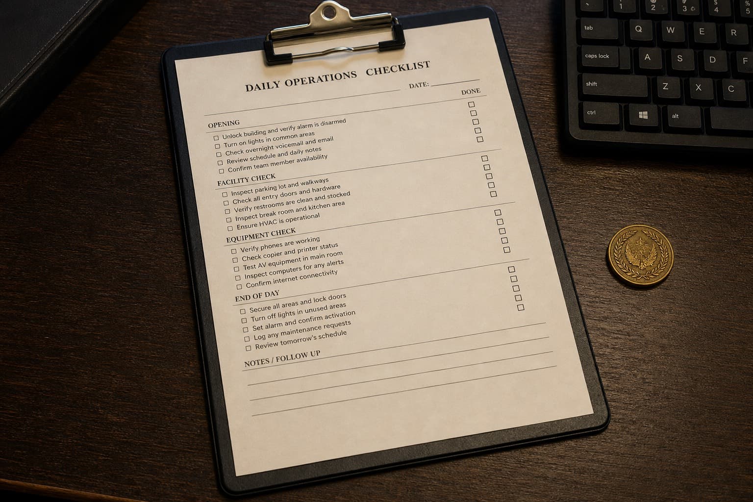 A printed daily ops checklist on a clipboard next to a keyboard