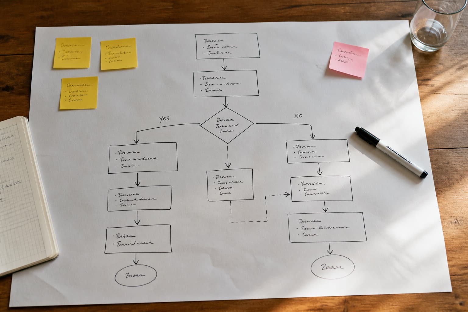 A hand-drawn workflow on paper with boxes, arrows, and two clear branches