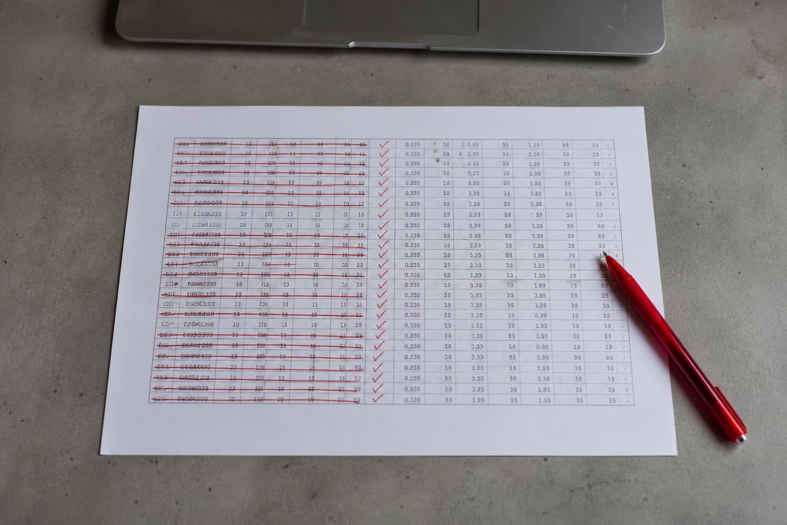 A printed data table marked with a red pen, some rows ticked and some crossed out