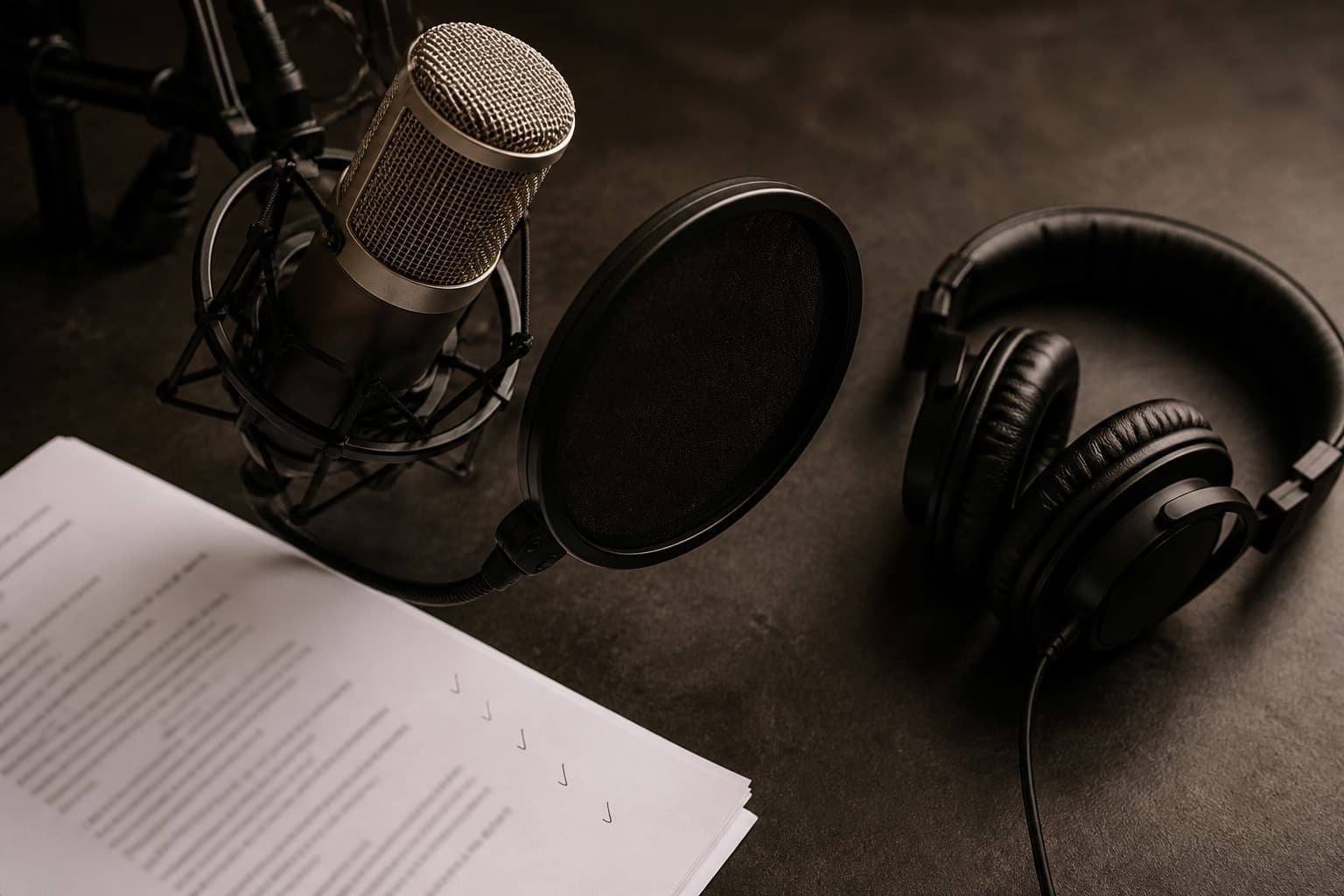 A microphone, headphones, and a printed lesson script on a dark desk