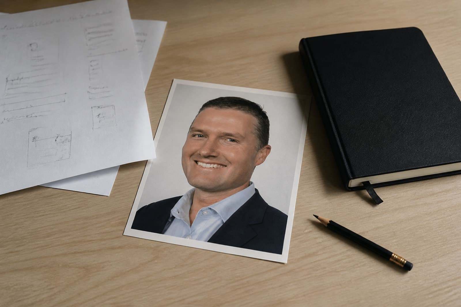 Printed portrait of Peter Alkema on a desk with course papers